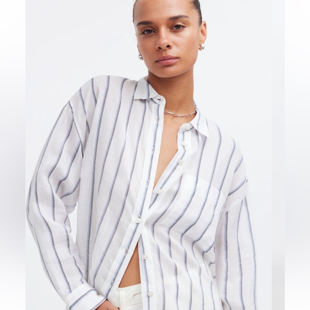 Madewell White Button-Down Shirt with Navy Stripes